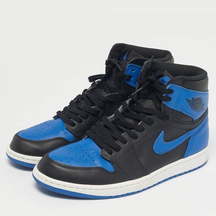 Pre Owned Air Jordans Black/Blue Leather Jordan 1 Retro Royal Sneakers Size 45