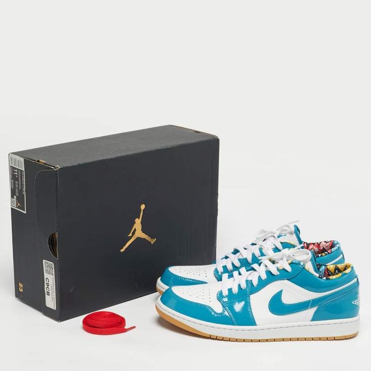 Pre Owned Air Jordans Blue/White Patent and Leather Jordan 1 Low SE Barcelona Cyber Teal Sneakers Size 45.5