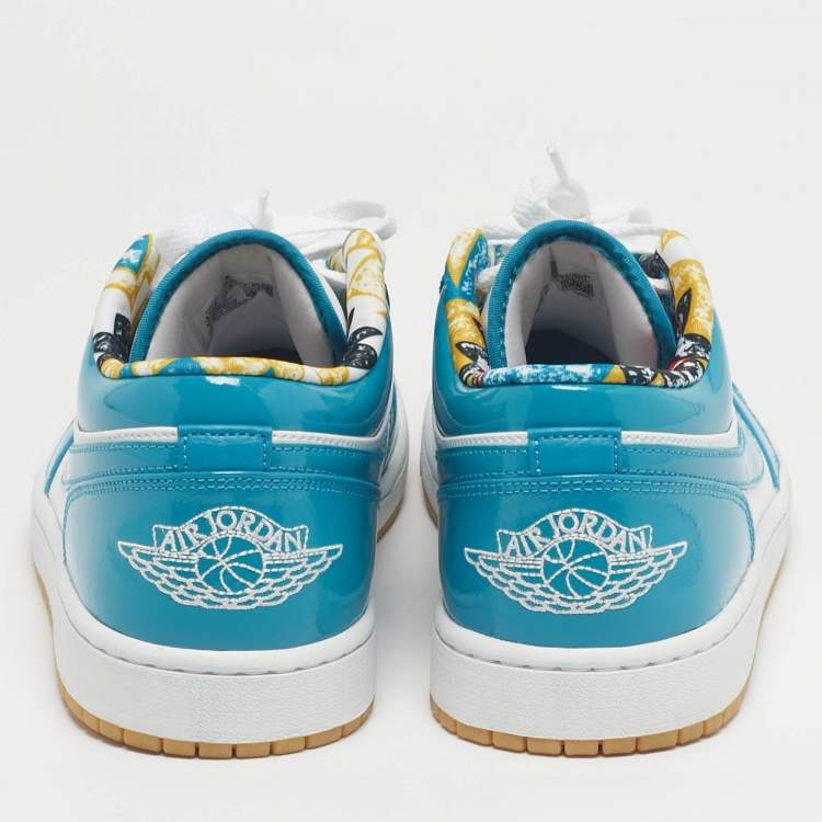 Pre Owned Air Jordans Blue/White Patent and Leather Jordan 1 Low SE Barcelona Cyber Teal Sneakers Size 45.5