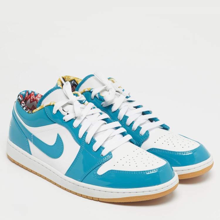 Pre Owned Air Jordans Blue/White Patent and Leather Jordan 1 Low SE Barcelona Cyber Teal Sneakers Size 45.5