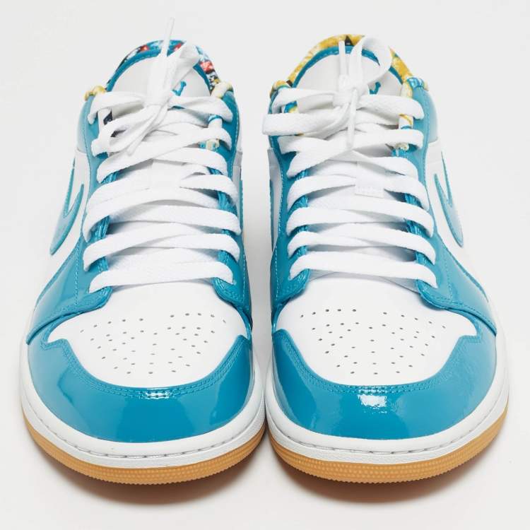 Pre Owned Air Jordans Blue/White Patent and Leather Jordan 1 Low SE Barcelona Cyber Teal Sneakers Size 45.5