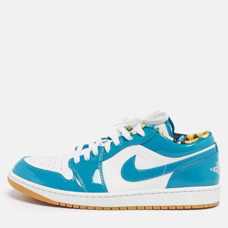 Pre Owned Air Jordans Blue/White Patent and Leather Jordan 1 Low SE Barcelona Cyber Teal Sneakers Size 45.5