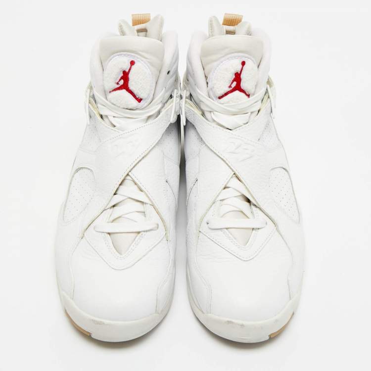 Pre Owned Air Jordans White Leather and Satin Jordan 8 High Top Sneakers Size 44