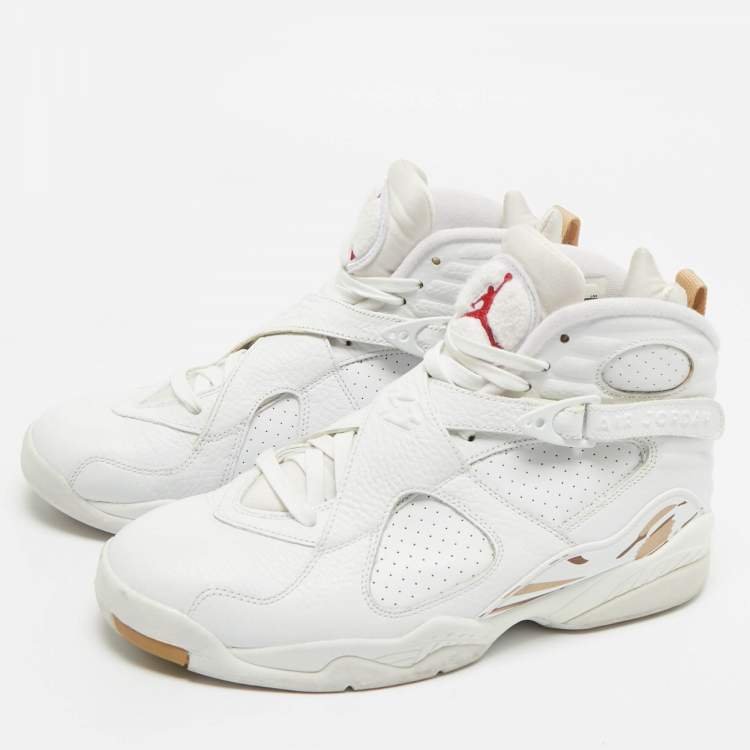 Pre Owned Air Jordans White Leather and Satin Jordan 8 High Top Sneakers Size 44