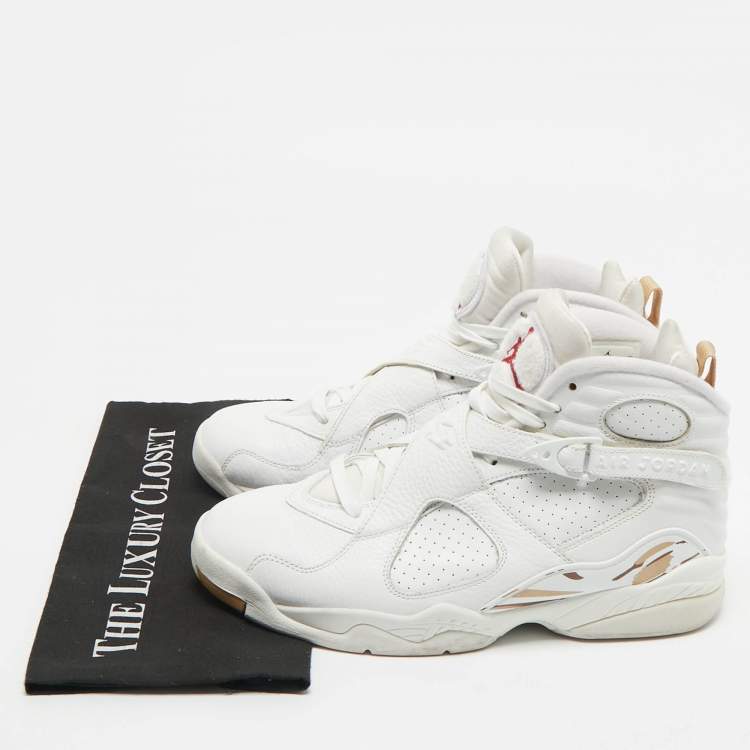 Pre Owned Air Jordans White Leather and Satin Jordan 8 High Top Sneakers Size 44