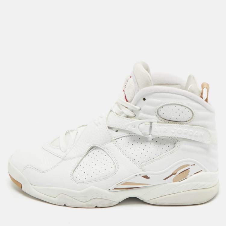 Pre Owned Air Jordans White Leather and Satin Jordan 8 High Top Sneakers Size 44