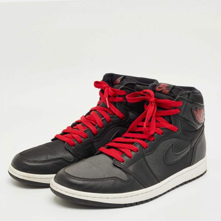 Pre Owned Air Jordans Black/Grey Leather And Satin Jordan 1 Retro High OG Sneakers Size 45