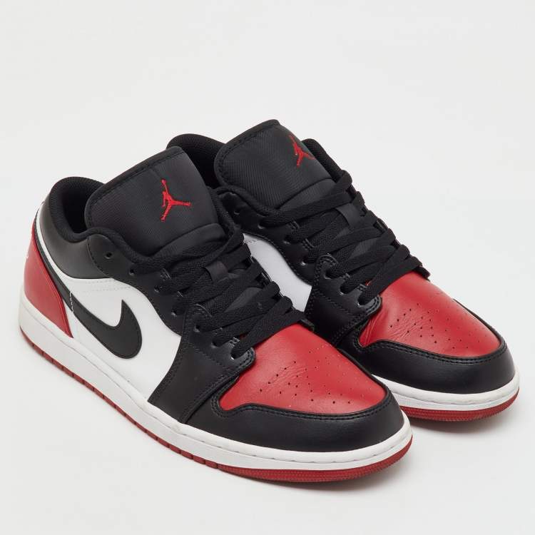 Pre Owned Air Jordans Black/Red Leather Jordan 1 Low Bred Toe Sneakers Size 45