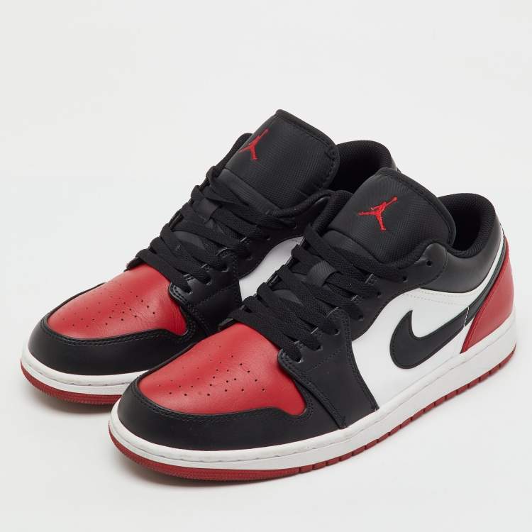 Pre Owned Air Jordans Black/Red Leather Jordan 1 Low Bred Toe Sneakers Size 45