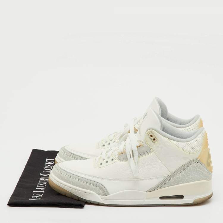 Pre Owned Air Jordans White/Grey Leather Jordan 3 Retro Craft Ivory Sneakers Size 45.5
