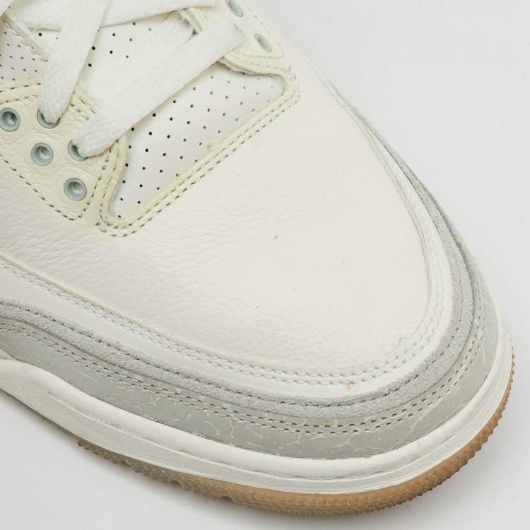 Pre Owned Air Jordans White/Grey Leather Jordan 3 Retro Craft Ivory Sneakers Size 45.5