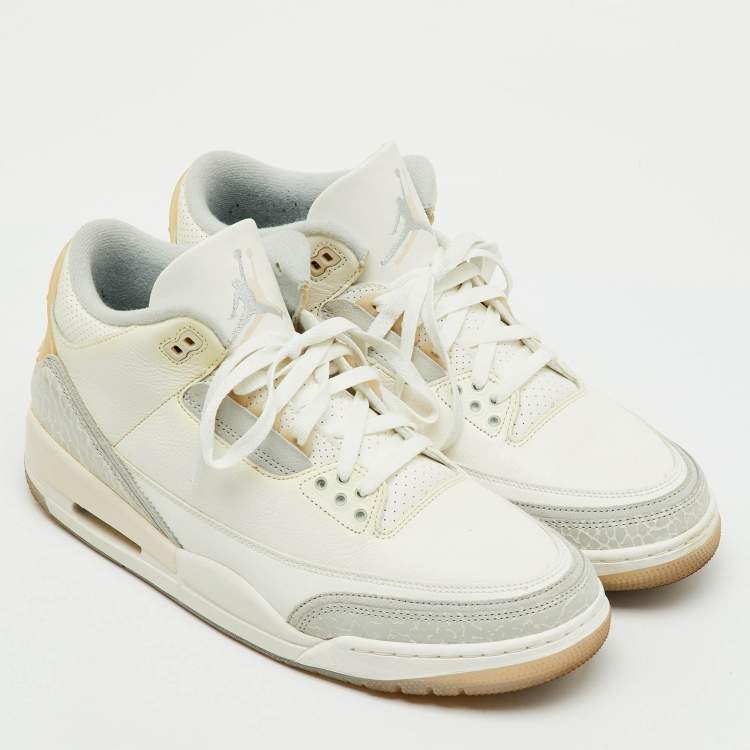 Pre Owned Air Jordans White/Grey Leather Jordan 3 Retro Craft Ivory Sneakers Size 45.5