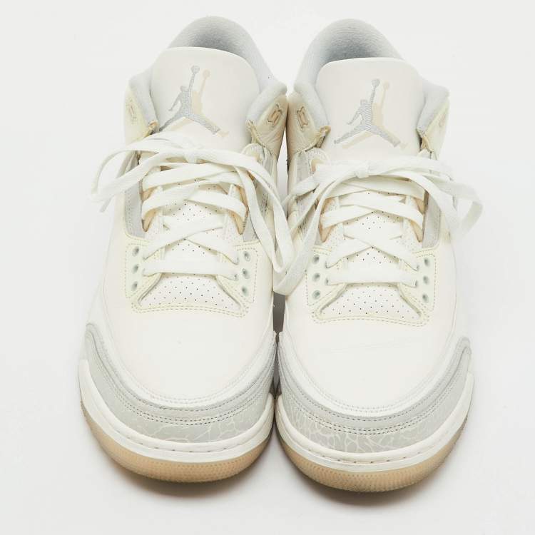 Pre Owned Air Jordans White/Grey Leather Jordan 3 Retro Craft Ivory Sneakers Size 45.5