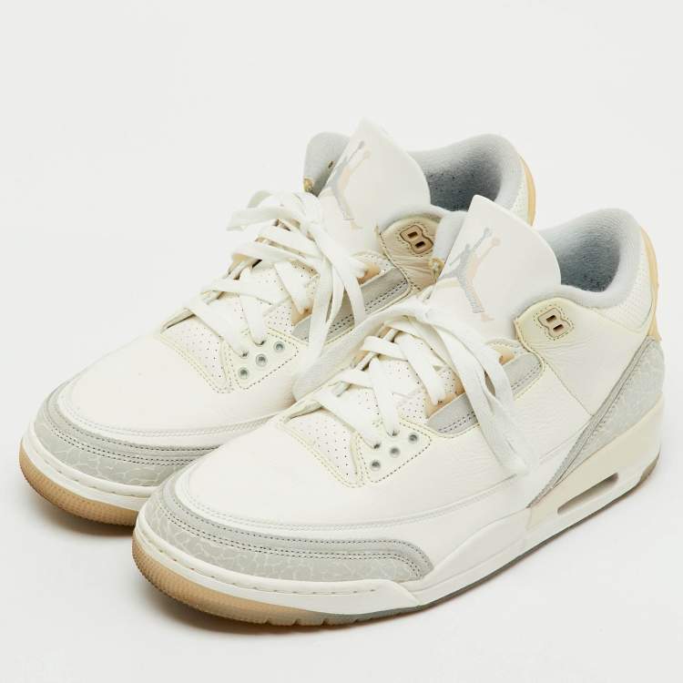 Pre Owned Air Jordans White/Grey Leather Jordan 3 Retro Craft Ivory Sneakers Size 45.5