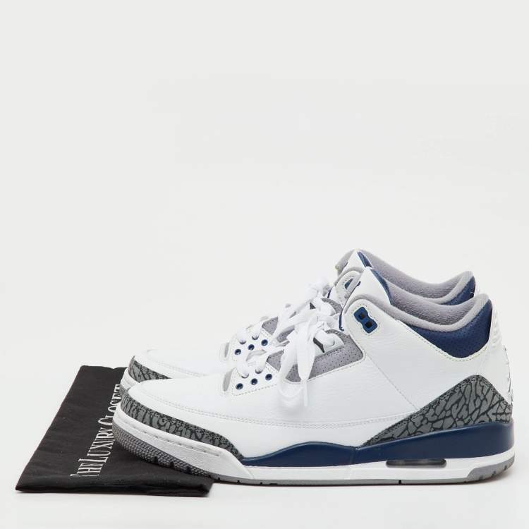 Pre Owned Air Jordans White/Navy Blue Leather Jordan 3 Retro Midnight Navy Sneakers Size 45