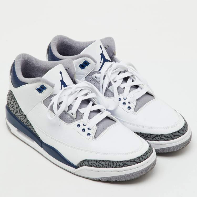 Pre Owned Air Jordans White/Navy Blue Leather Jordan 3 Retro Midnight Navy Sneakers Size 45