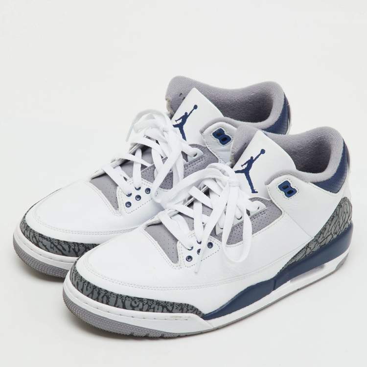 Pre Owned Air Jordans White/Navy Blue Leather Jordan 3 Retro Midnight Navy Sneakers Size 45