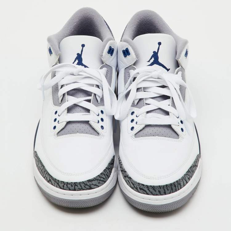 Pre Owned Air Jordans White/Navy Blue Leather Jordan 3 Retro Midnight Navy Sneakers Size 45