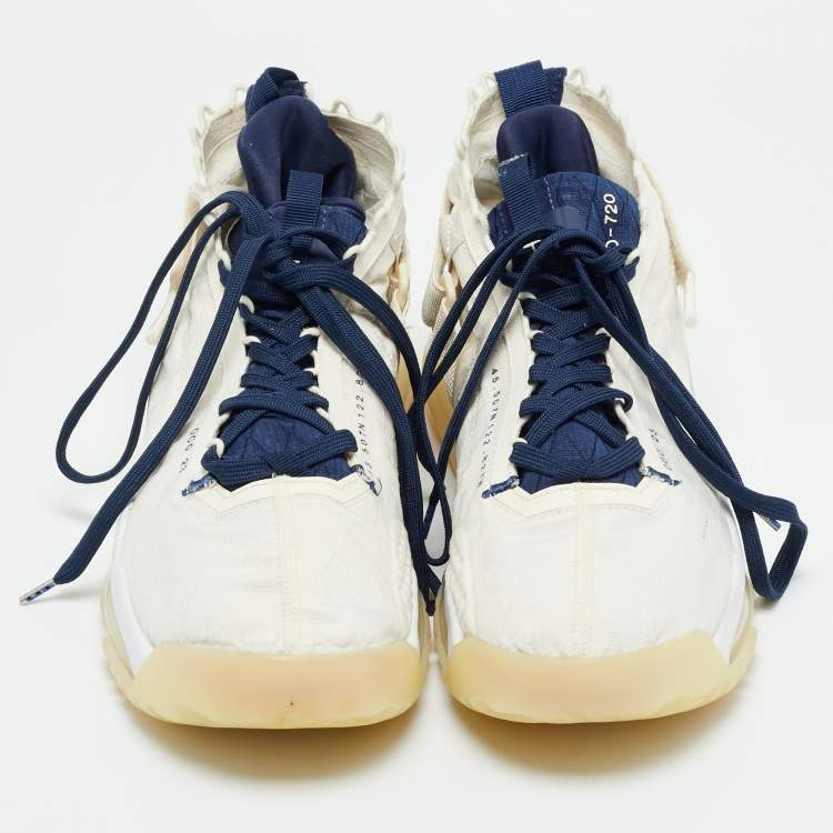 Pre Owned Air Jordans White/Navy Blue Fabric Proto Max720 Pale Ivory High Top Sneakers Size 45