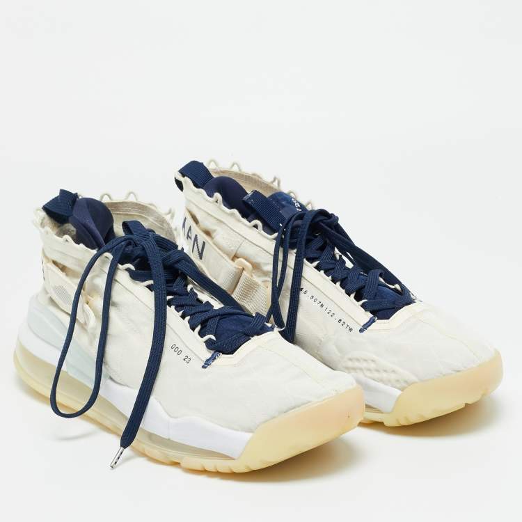Pre Owned Air Jordans White/Navy Blue Fabric Proto Max720 Pale Ivory High Top Sneakers Size 45