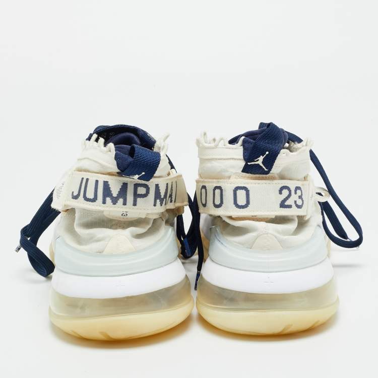Pre Owned Air Jordans White/Navy Blue Fabric Proto Max720 Pale Ivory High Top Sneakers Size 45