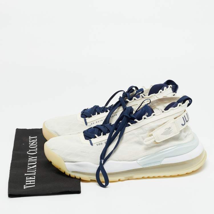 Pre Owned Air Jordans White/Navy Blue Fabric Proto Max720 Pale Ivory High Top Sneakers Size 45