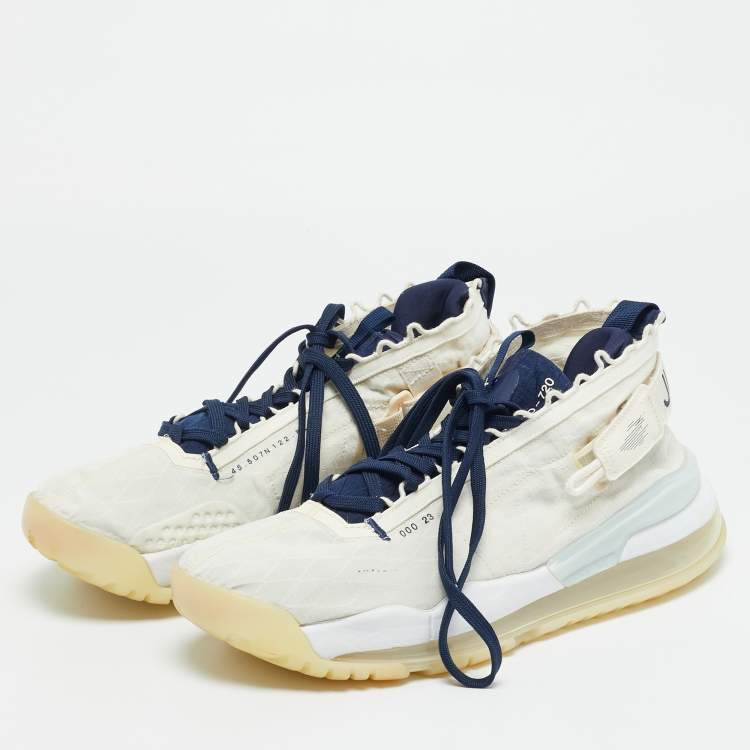 Pre Owned Air Jordans White/Navy Blue Fabric Proto Max720 Pale Ivory High Top Sneakers Size 45