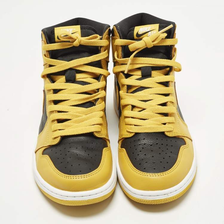 Pre Owned Air Jordans Jordan 1 Retro Pollen Size 45.5 Yellow/Black Leather High Top Sneakers