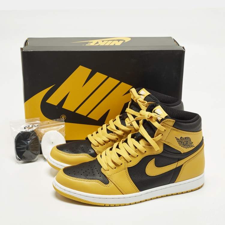 Pre Owned Air Jordans Jordan 1 Retro Pollen Size 45.5 Yellow/Black Leather High Top Sneakers