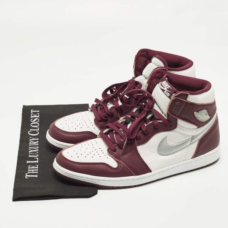 Pre Owned Air Jordans Jordan 1 Size 47.5 White/Purple Leather High Top Sneakers