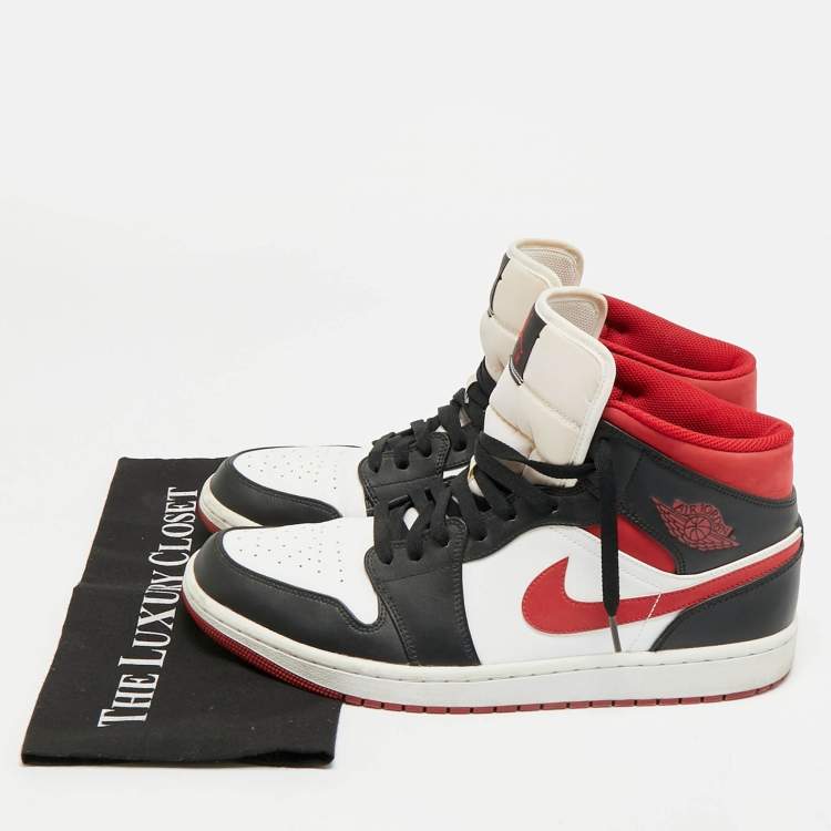 Pre Owned Air Jordans 1 Mid Gym Red Size 46 White/Black Fabric and Leather Mid Top Sneakers