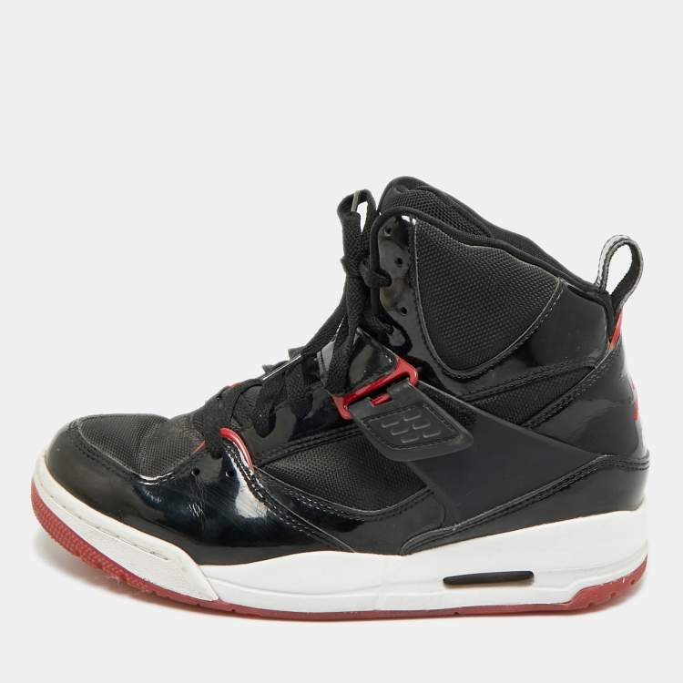 Pre Owned Air Jordans Flight 45 Size 41 Black Fabric and Patent Leather High Top Sneakers
