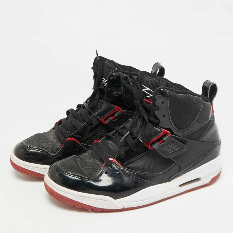 Pre Owned Air Jordans Flight 45 Size 41 Black Fabric and Patent Leather High Top Sneakers