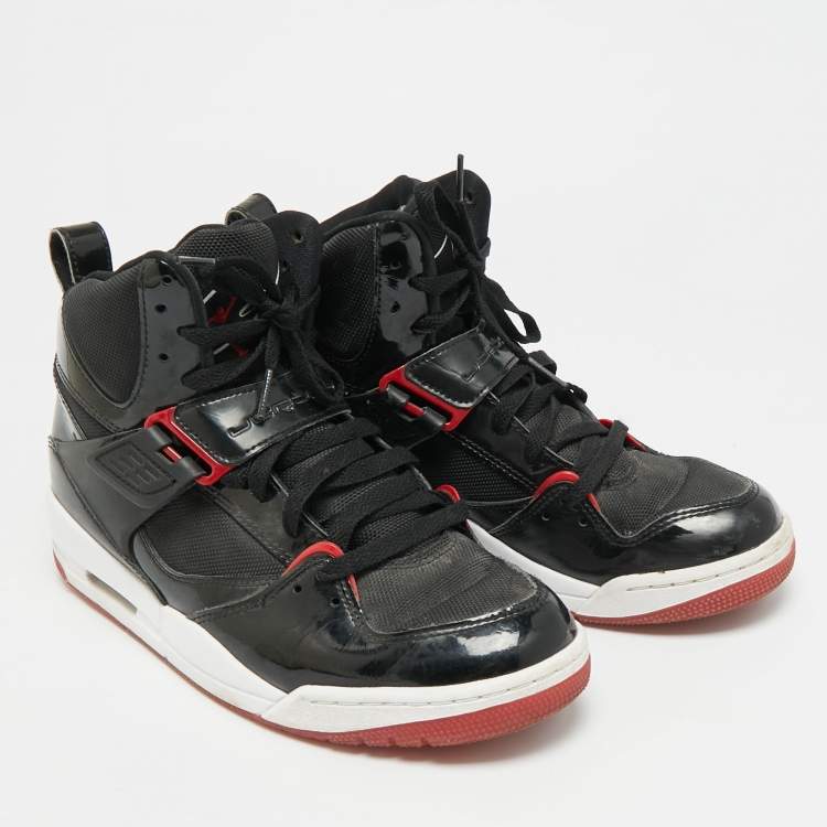 Pre Owned Air Jordans Flight 45 Size 41 Black Fabric and Patent Leather High Top Sneakers
