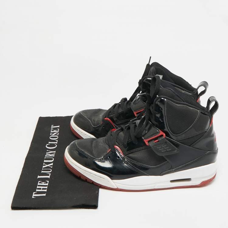 Pre Owned Air Jordans Flight 45 Size 41 Black Fabric and Patent Leather High Top Sneakers
