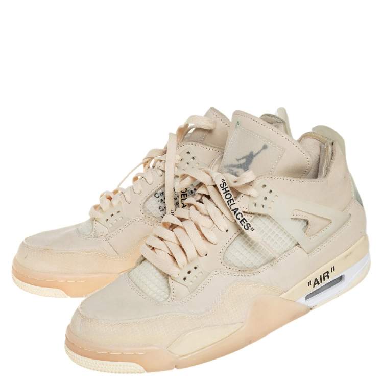 Pre Owned Air Jordan x Off White Beige Leather And Mesh 4 Retro Sail Sneakers Size 44.5