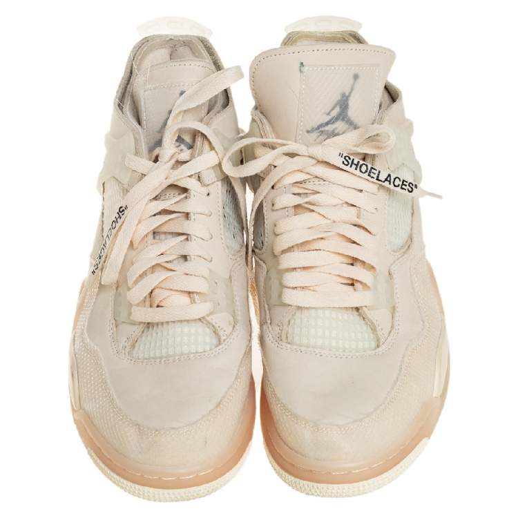 Pre Owned Air Jordan x Off White Beige Leather And Mesh 4 Retro Sail Sneakers Size 44.5