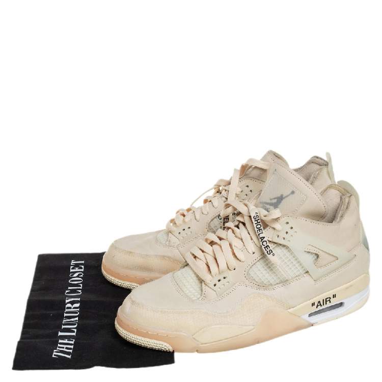 Pre Owned Air Jordan x Off White Beige Leather And Mesh 4 Retro Sail Sneakers Size 44.5