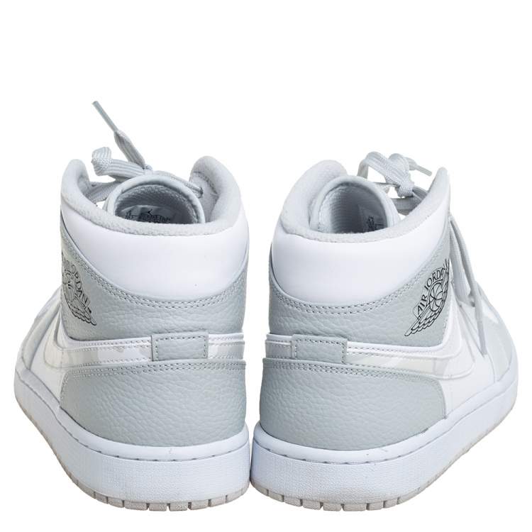 Pre Owned Air Jordan 1 Mid Grey/White Leather Camo High Top Sneakers Size 43