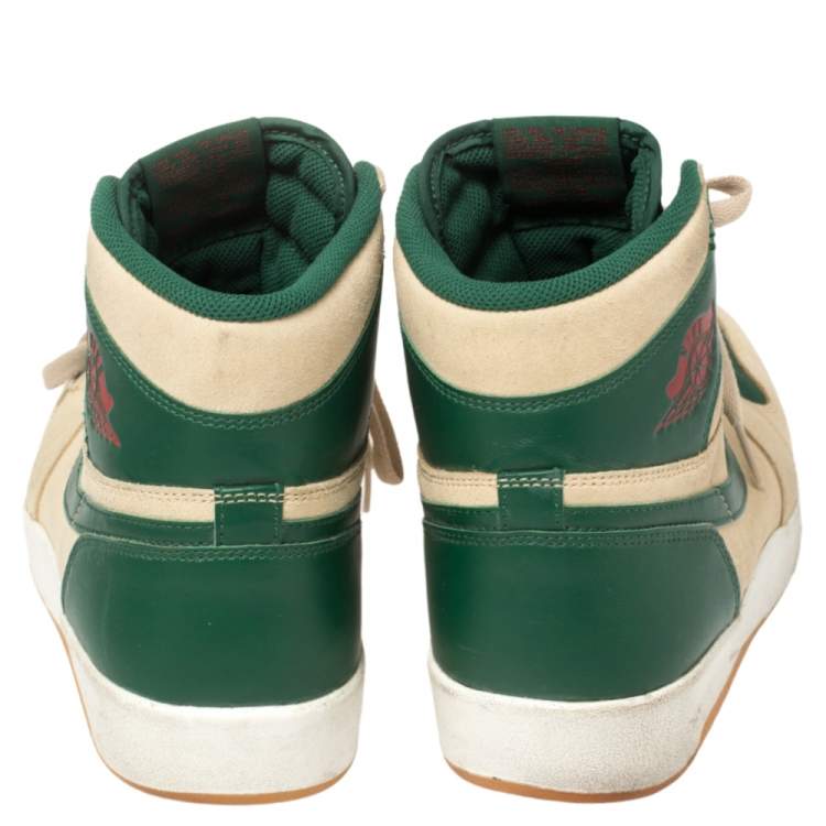 Pre Owned Nike Beige/Green Leather And Suede Air Jordan 1 Retro High Top Sneakers Size 43