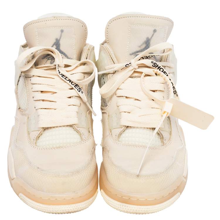 Pre Owned Air Jordan x Off White Beige Leather And Mesh 4 Retro Sail Sneakers Size 43
