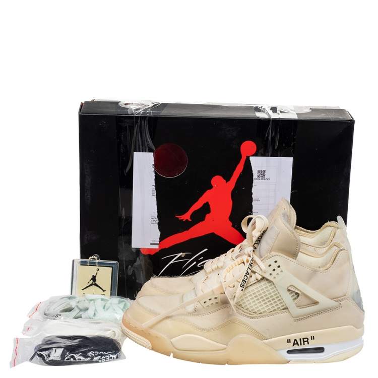 Pre Owned Air Jordan x Off White Beige Leather And Mesh 4 Retro Sail Sneakers Size 43