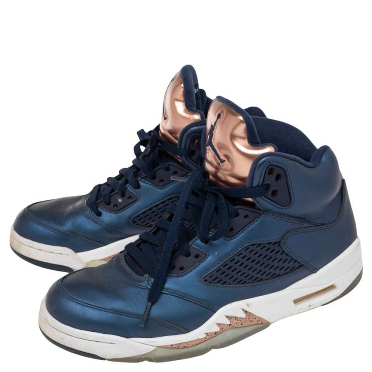 Pre Owned Air Jordan Metallic Blue/Bronze Leather Retro 5 Sneakers Size 41