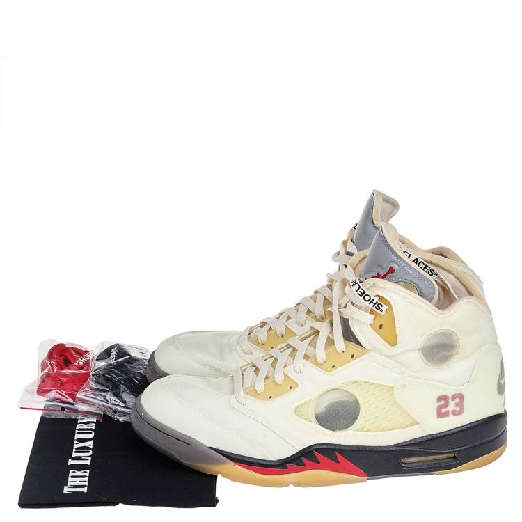 Pre Owned Off White x Air Jordan Cream Mesh Air Jordan 5 Retro Sail High Top Sneakers Size 47.5