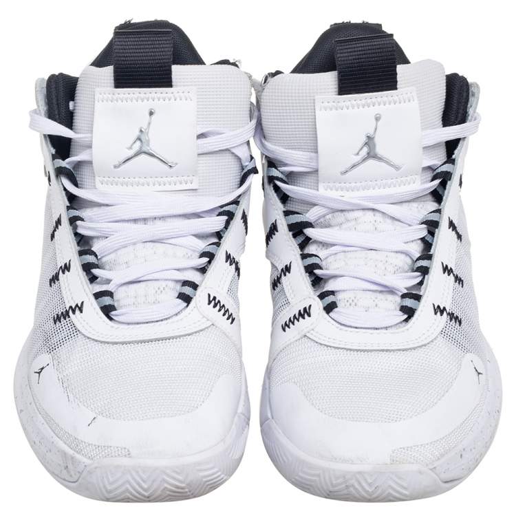 Pre Owned Nike Air Jordan White/Black Leather And Mesh High Top Sneakers Size 43