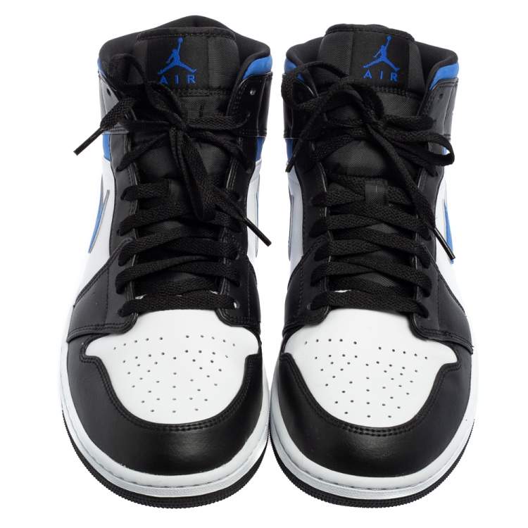 مملوكة مسبقًا Air Jordan 1 White/Black Racer Blue Leather and Fabric Mid Sneakers Size 46