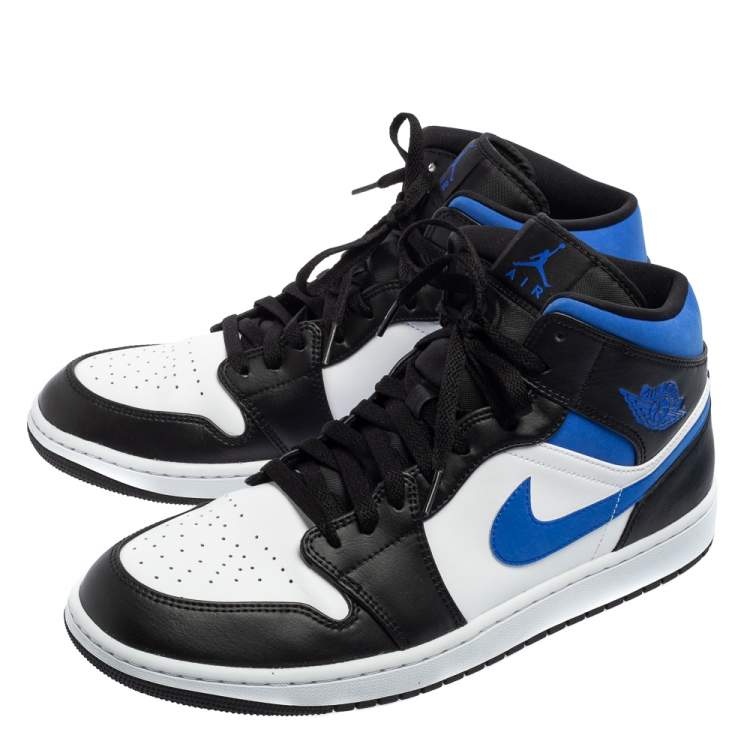 مملوكة مسبقًا Air Jordan 1 White/Black Racer Blue Leather and Fabric Mid Sneakers Size 46