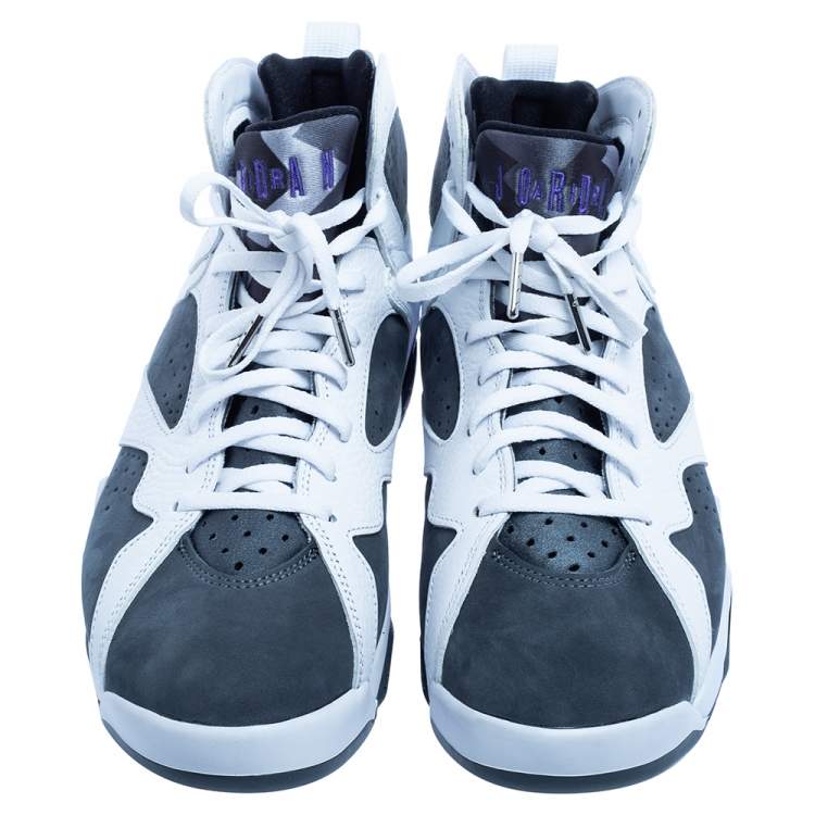Pre Owned Air Jordan 1 White/Grey Leather And Nubuck Leather High Top Sneakers Size 44