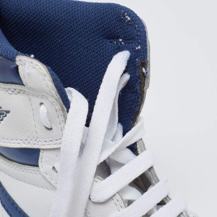 Pre Owned Air Jordans White/Metallic Navy Blue Leather Jordan 1 Retro High OG Sneakers Size 42