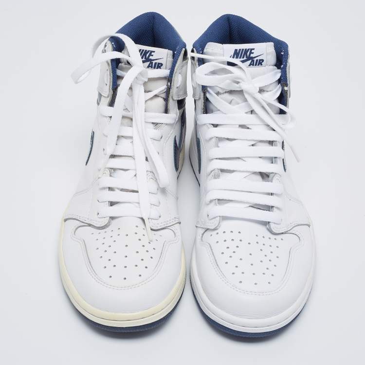 Pre Owned Air Jordans White/Metallic Navy Blue Leather Jordan 1 Retro High OG Sneakers Size 42